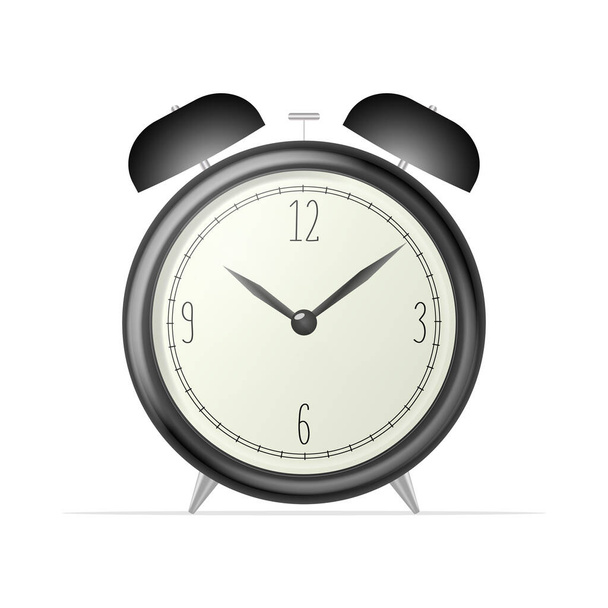 Realistic desk clock. Black retro alarm clock isolated on a white background. Retro watch. Windy illustration. - Vector, afbeelding