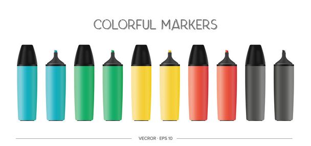Conjunto vectorial de marcadores multicolores realistas. Resaltadores de color aislados sobre fondo blanco. - Vector, Imagen