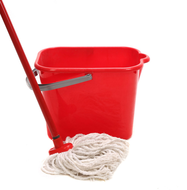 Red bucket with cleaning mop. - Foto, Imagem