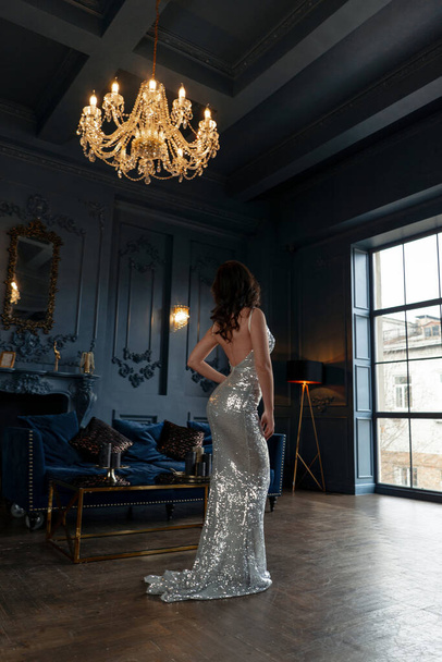 Sexy Brünette mit Make-up im silbernen Abendkleid posiert tief - Foto, Bild