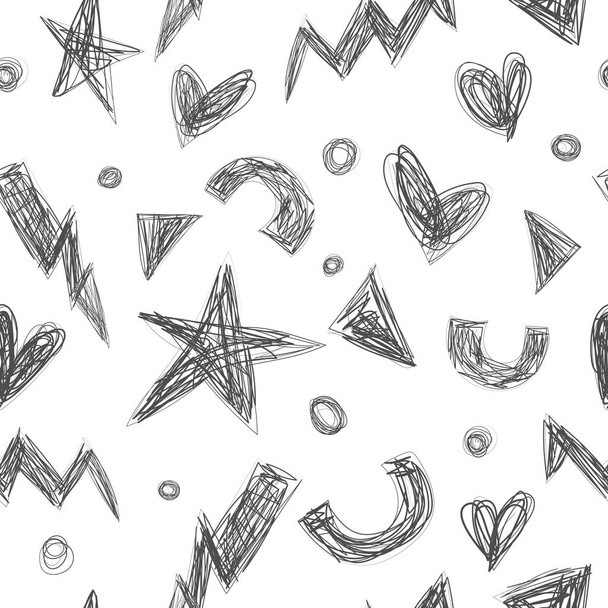 Scribble Pen formt nahtlose Muster. Einfarbige handgeschriebene Herzen, Sterne, Dreiecke, Kreise im Kritzelstil - Vektor, Bild