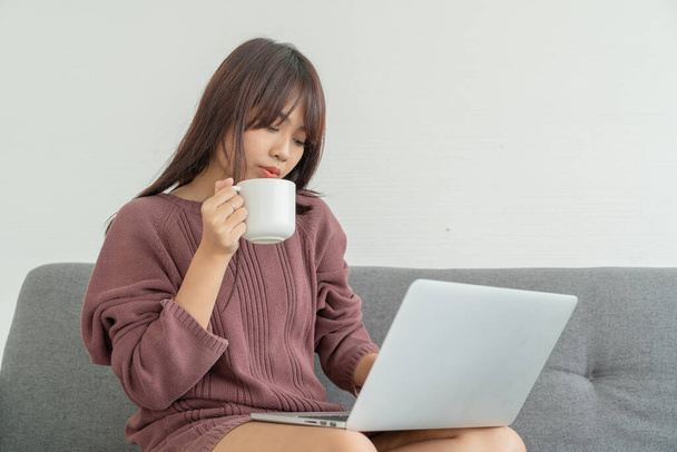Asian woman using laptop on sofa in living room  - Фото, зображення