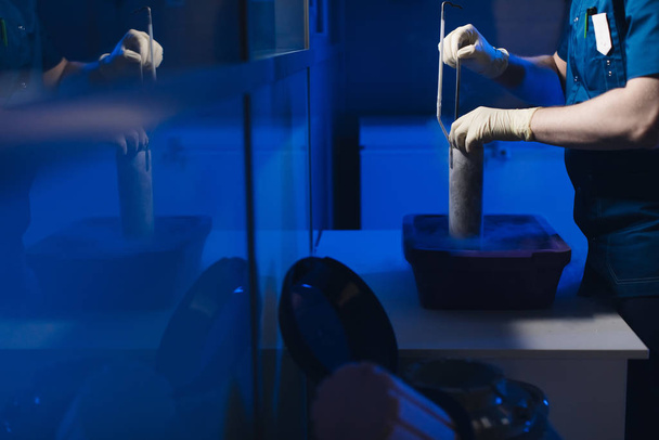 Специалист-эмбриолог забирает капсулу с эмбрионами из криобанка
 - Фото, изображение