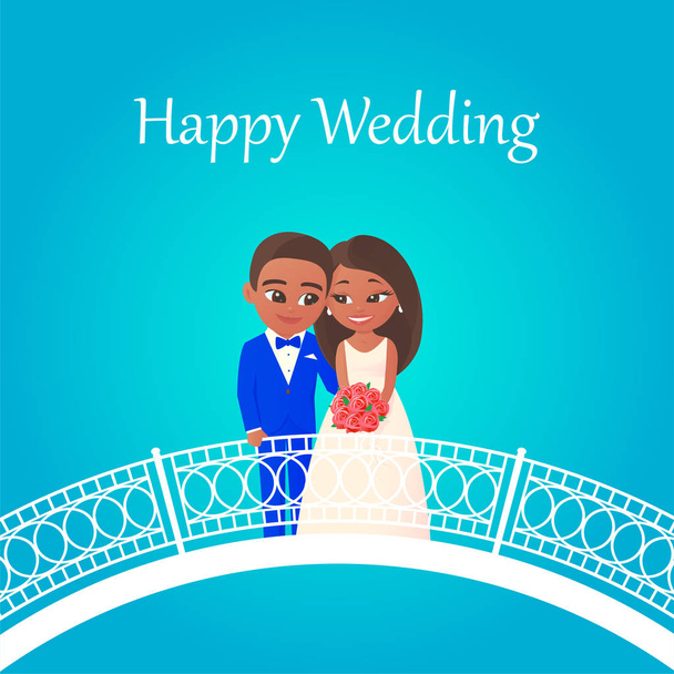 Ευτυχισμένη νύφη και γαμπρός στέκονται στη γέφυρα.. - Διάνυσμα, εικόνα