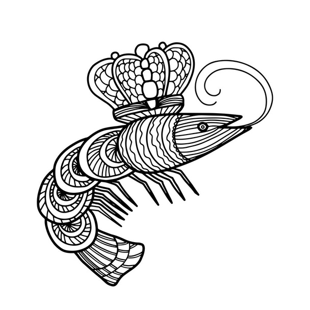 Camarão rei na mão desenhado estilo doodle isolado no fundo branco.Vector ilustração uma line.Coloring livro para adultos e crianças
 - Vetor, Imagem