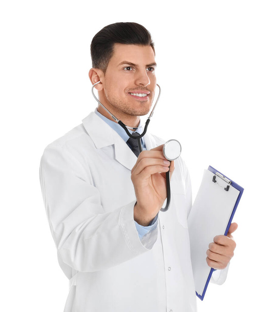 Portrait of doctor with clipboard and stethoscope on white backg - Valokuva, kuva