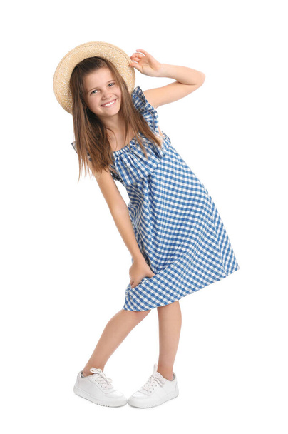Full length portrait of preteen girl with hat on white background - Fotoğraf, Görsel