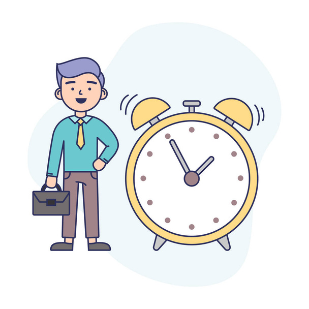 Time Management Concept. Podnikatel stojí blízko Big Alarm Clock. Koncept plánování pracovní doby, termínů a kletby. Cartoon Linear Outline Flat Style. Vektorová ilustrace - Vektor, obrázek