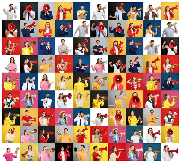 Colagem de pessoas com megafones em fundos de cor
 - Foto, Imagem