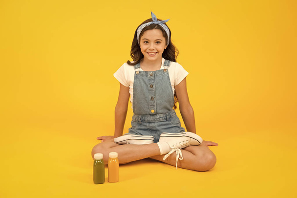 Healthy food is great for her health. Little child enjoy vitamin diet after yoga training. Healthy nutrition for kids. Developing good health habits. Following health advice for healthy lifestyle - Photo, Image