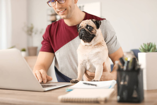 Knappe man met leuke pug hond en laptop thuis - Foto, afbeelding