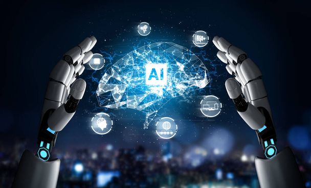 3D Rendering futuristische robot technologie ontwikkeling, kunstmatige intelligentie AI, en machine learning concept. Mondiaal robotbionisch wetenschappelijk onderzoek voor de toekomst van het menselijk leven. - Foto, afbeelding
