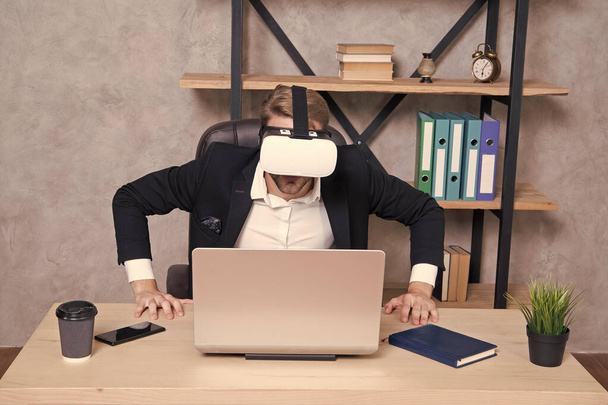 Engineering and design. Modern gadget. Business implement modern technology. Virtual work space. Businessman explore virtual reality. Interact in virtual reality. Man formal suit work 3d cyber space - 写真・画像