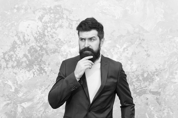 Guy brutal fashion model. Business people fashion style. Formal clothes for office. Confident and successful. Man handsome bearded businessman wear luxury formal suit. Menswear and fashion concept - Photo, image