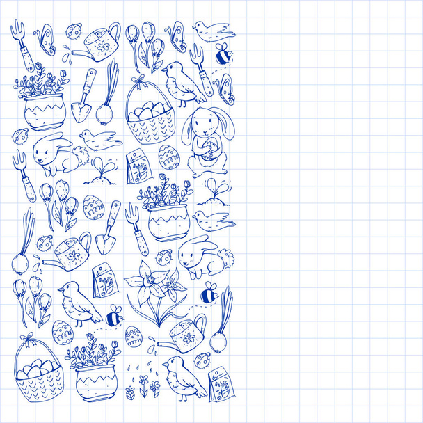 Vector pattern with easter and spring elements. Eggs in basket, bunny, flowers, birds - ベクター画像
