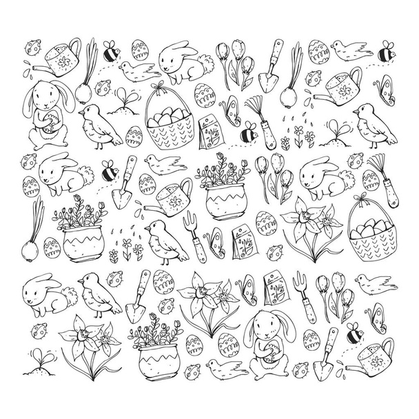 Coloring page. Vector pattern with easter and spring elements. Eggs in basket, bunny, flowers, birds - Вектор,изображение