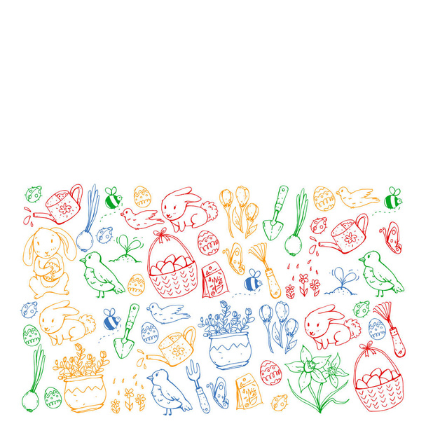 Vector pattern with easter and spring elements. Eggs in basket, bunny, flowers, birds - Vector, imagen