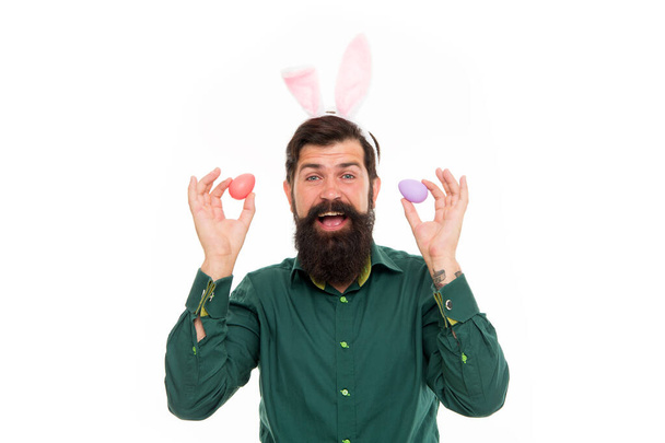 Celebration of feast of feasts. Bearded man hold paschal eggs. Happy hipster celebrate Pascha. Pascha and Easter season. Celebrating Pascha. Happy Pascha. Resurrection Sunday. Springtime - Foto, imagen