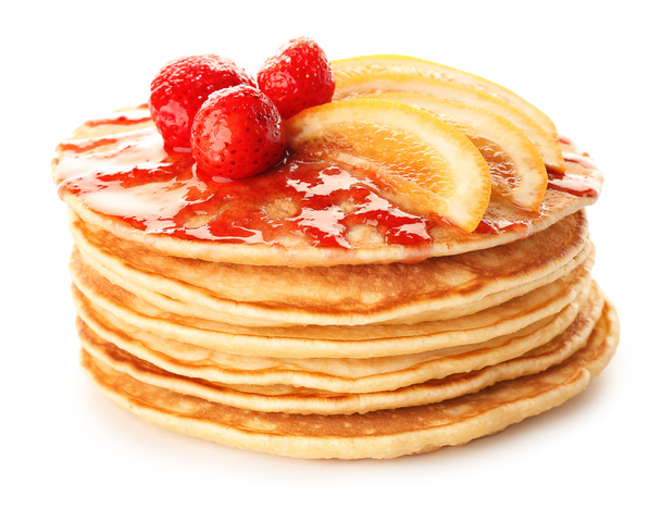 Stack of tasty pancakes on white background - Photo, Image