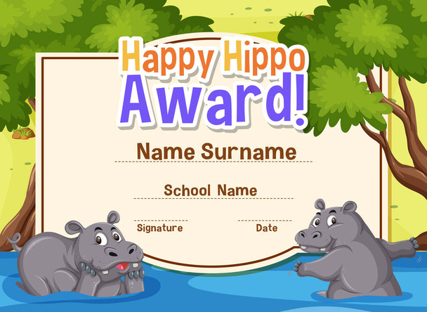 Modelo de certificado para hipopótamo feliz com hipopótamos em segundo plano
 - Vetor, Imagem
