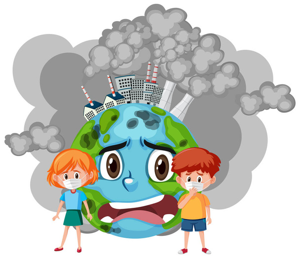 Design de cartaz para parar a poluição com crianças e mundo triste
 - Vetor, Imagem