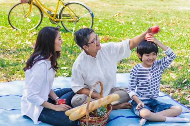 Ευτυχισμένη ασιατική οικογένεια έχει αναψυχή ή πικνίκ στο πάρκο - Φωτογραφία, εικόνα