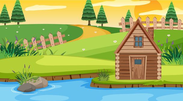 Scene with wooden cottage in the field by the river - Vector, Image