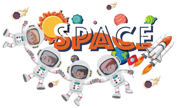 Background theme of space with astronauts and spaceship - Vector, Image