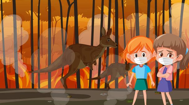 Scena z dziewczynami i zwierzętami w wielkim pożarze - Wektor, obraz