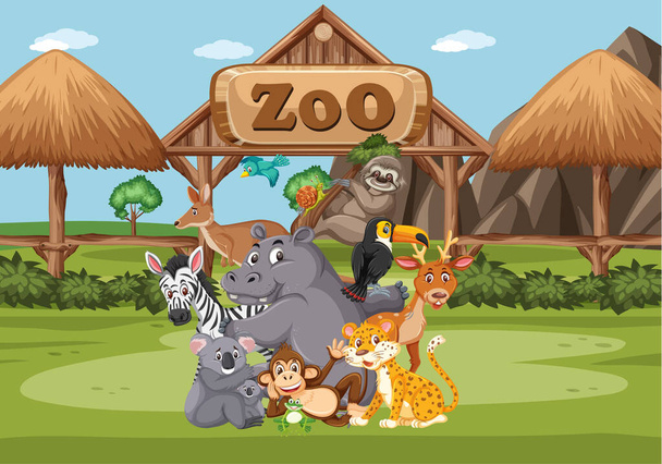Σκηνή με άγρια ζώα στο ζωολογικό κήπο την ημέρα - Διάνυσμα, εικόνα
