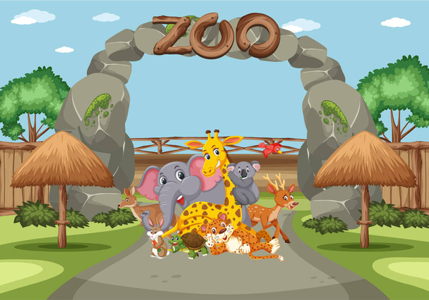 Дневная сцена с дикими животными в зоопарке
 - Вектор,изображение