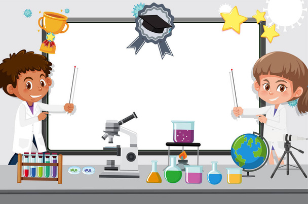 Plantilla de pancarta con dos niños trabajando en el laboratorio de ciencias en la escuela b
 - Vector, Imagen