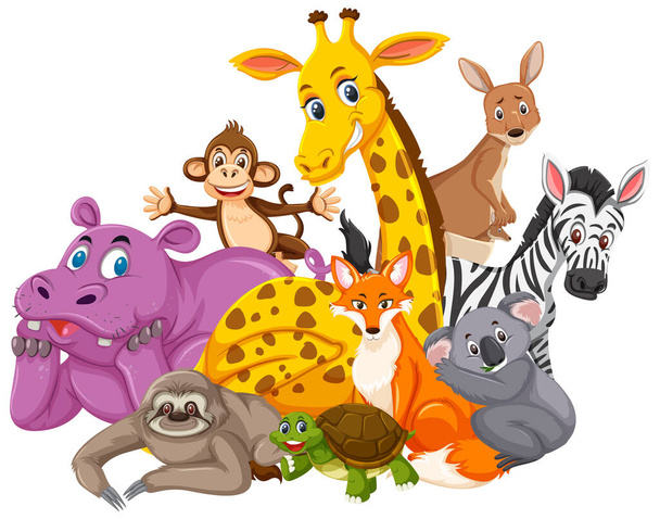 Different types of wild animals on white background - Vector, Image