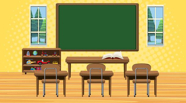 ボードと机のある教室のシーン - ベクター画像