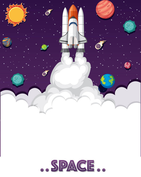 Background theme of space with rocketship and many planets - Vector, Image