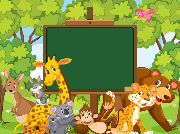 Schoolbord template ontwerp met wilde dieren in het bos - Vector, afbeelding