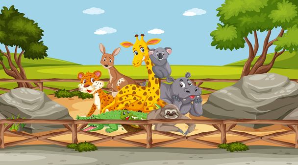 Scena z dzikimi zwierzętami w zoo w ciągu dnia - Wektor, obraz