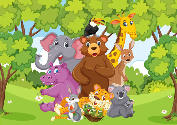 Сцена со многими дикими животными в парке
 - Вектор,изображение