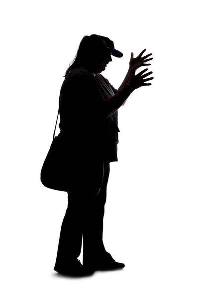 Silhouette of a curvy or plus size woman on a white background.  She is unrecognizable expressive with hands as if talking to someone - Photo, Image