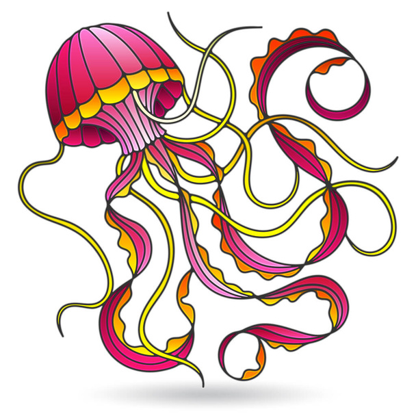 Illustration in stained glass style with jellyfish, isolated on a white background - Vector, Image