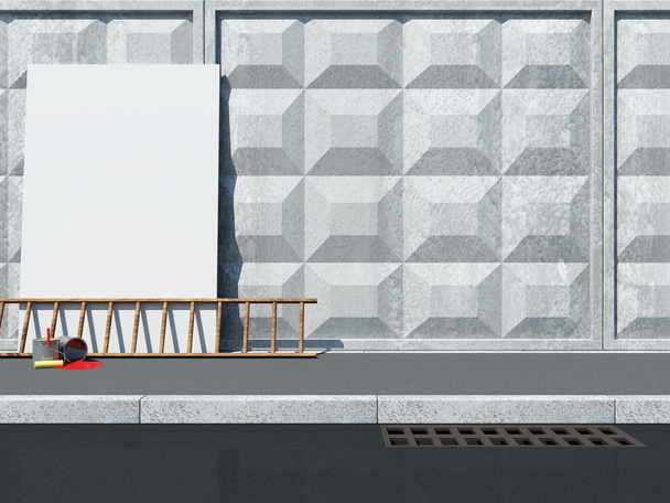létra és festék beton fal mellett üres billboard kannák - Fotó, kép