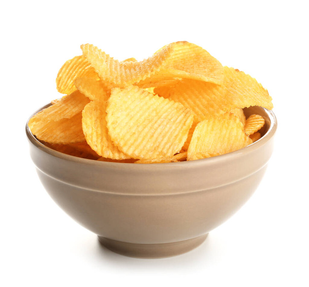Bowl with tasty potato chips on white background - Photo, Image