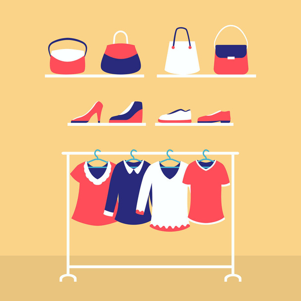woman wardrobe fashion set style with clothes bags and shoes - Vector, Image