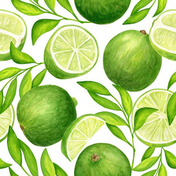 Watercolor lime with leaves seamless pattern. Hand painted fresh green citrus fruit illustration isolated on white background for textile, package, wrapping, cards, decoration. - Photo, Image