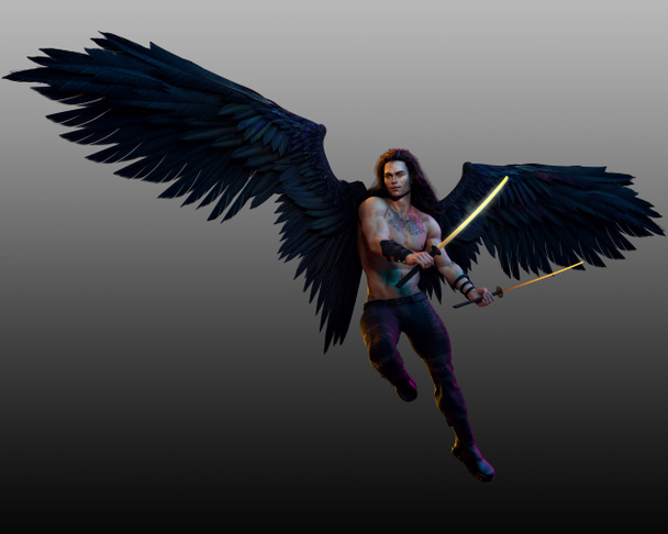 Ange déchu sexy avec des ailes noires, sans chemise
 - Photo, image