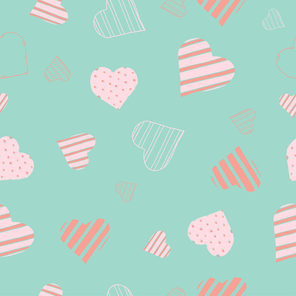 Vector seamless pattern with hand drawn pink hearts on light blue background, bright surface pattern design - Вектор, зображення