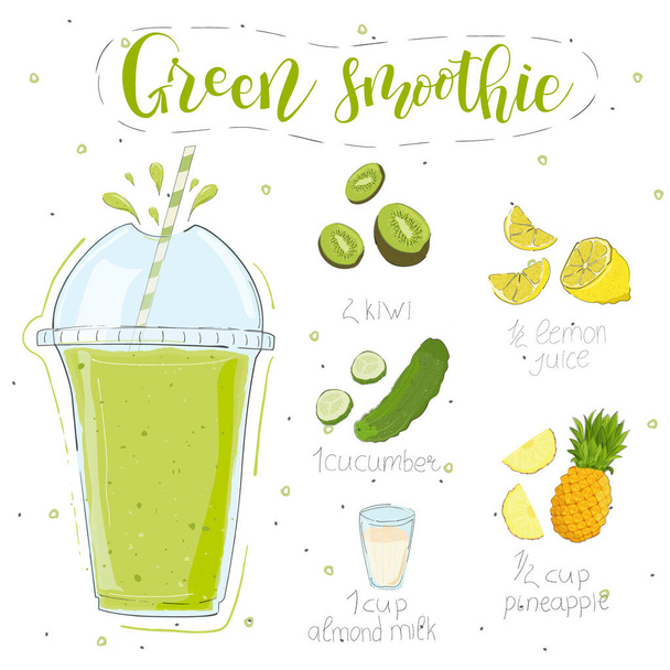 Green smoothie recipe. With illustration of ingredients. Hand draw kiwi, lemon, cucumber, pineapple and almond milk. Doodle style - Vektori, kuva