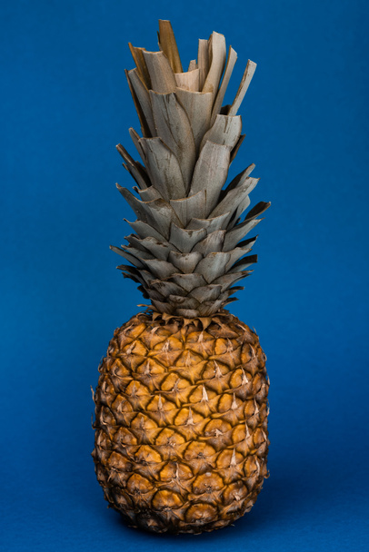 tasty, organic and whole pineapple on blue background  - Foto, Imagem