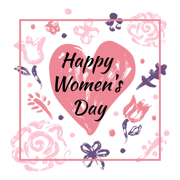 Greeting card Happy Womens Day. Set flowers, heart, leaves, herbs painted with finger paints. Handmade. - Vector, imagen