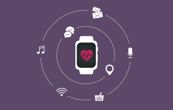 Smartwatch with heart rate on the screen, flat vector illustration. Wearable smart watch IOT device technology, fitness tracker concept. - Vector, Image